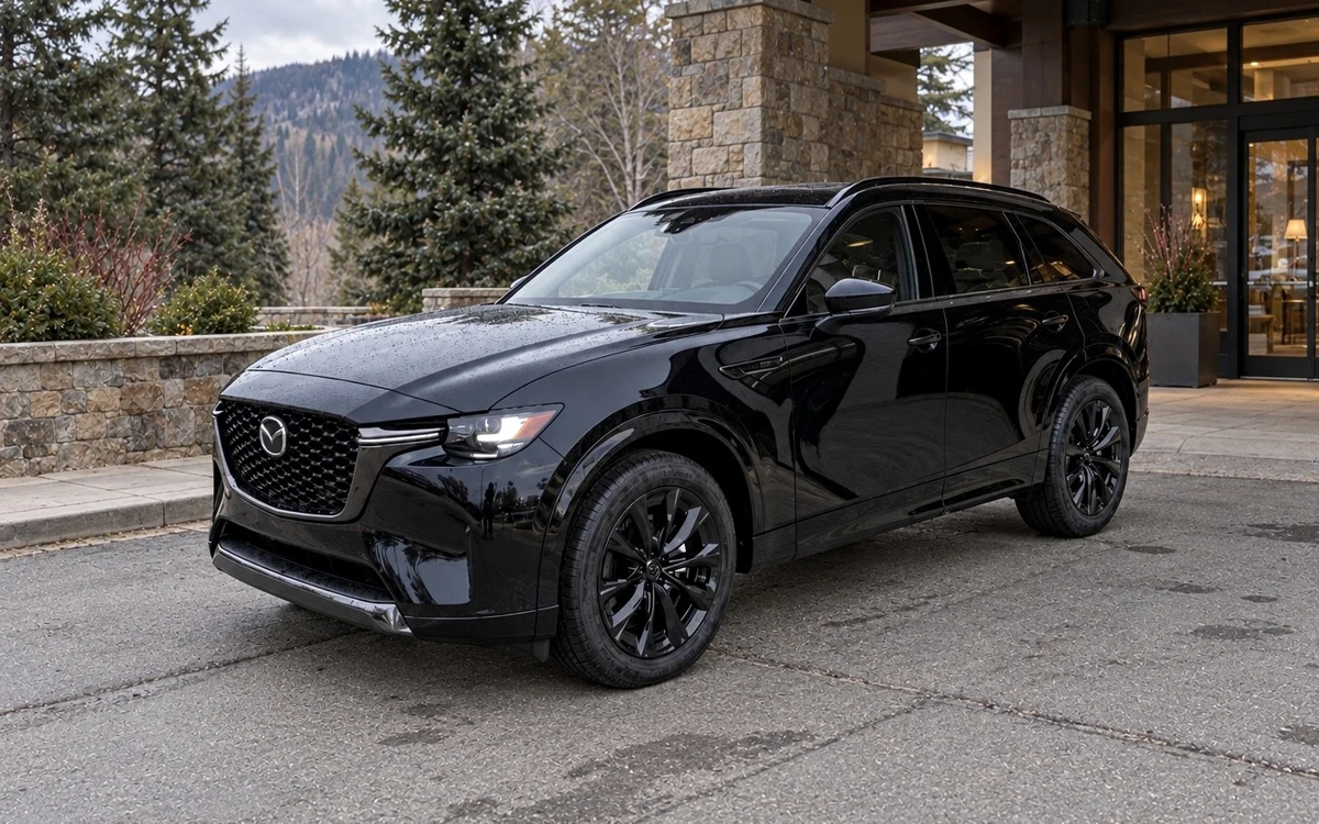 Elite Ride black Mazda CX-90 outside a mountain lodge