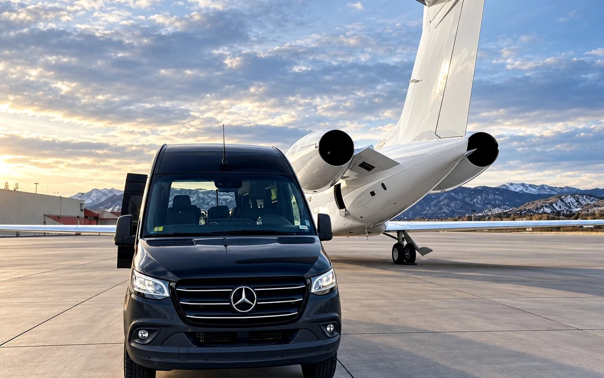 Elite Ride passenger van in front of a private aircraft